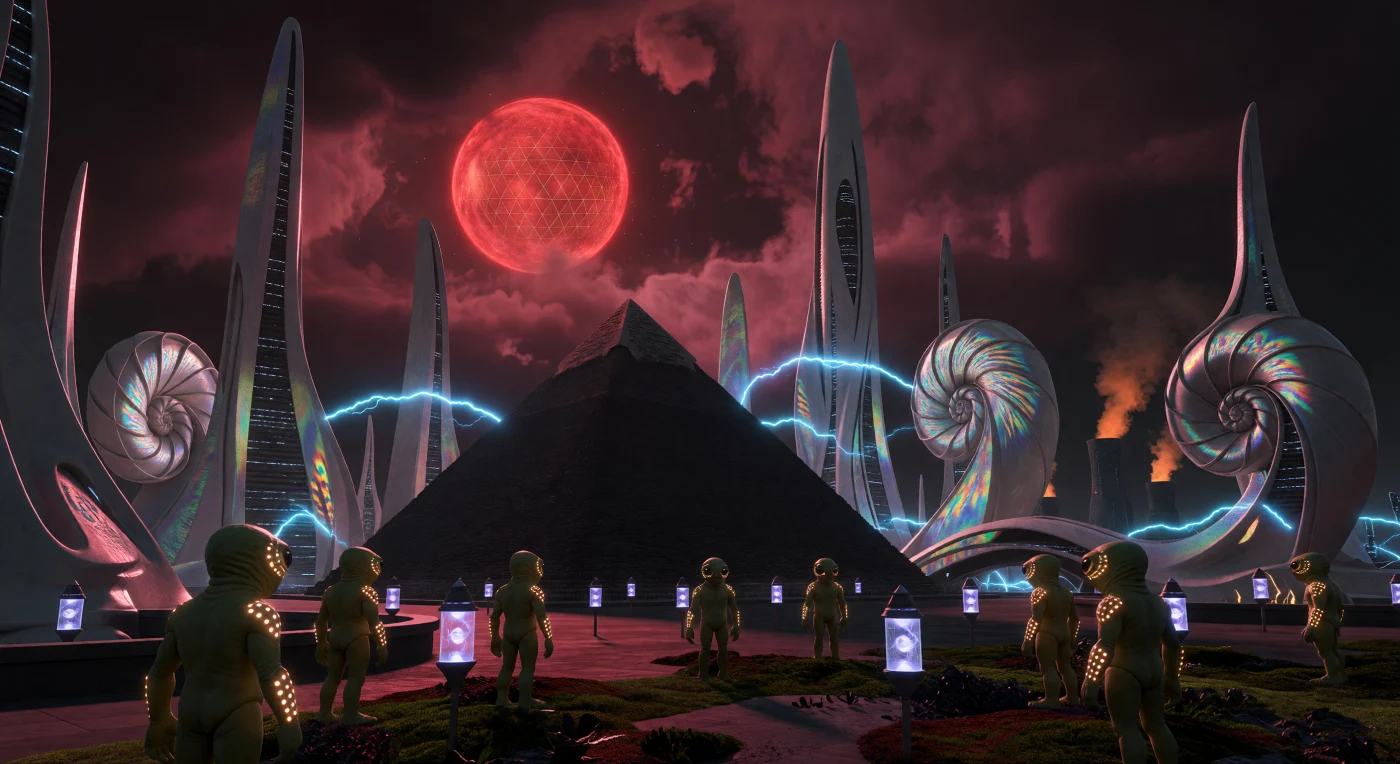 In the twilight ring of Proxima b during the Interstellar Dawn (c. 3000–5000 CE), the city of Flare-Reach centers on a basalt replica of the Great Pyramid surrounded by iridescent ceramic spires designed to deflect high-pressure winds. The scene depicts *Homo Proximus*, a human lineage engineered for 1.2g gravity and near-infrared vision, interacting via bioluminescent "Lumen-Speech" alongside hovering canisters containing Substrate-Independent Minds. In the thick, magenta sky, the red dwarf Proxima Centauri is filtered through a Dyson-Shroud lattice that captures stellar flares to power the colony’s resonant energy grids. This environment represents a peak of speculative bio-engineering, where "Black-Leaf" moss and photosynthetic skin adaptations allow life to thrive under the constant radiation of an M-type star.