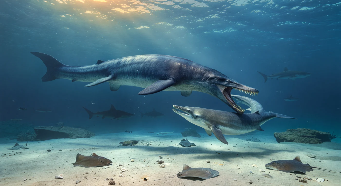 Nas águas tropicais rasas de Wadi Al-Hitan, no Egito, há cerca de 37–34 milhões de anos, um gigantesco Basilosaurus isis com cerca de 18 metros contorce o corpo serpentiforme e investe sobre um Dorudon atrox de apenas 5 metros, num raro vislumbre de predação entre os primeiros cetáceos totalmente marinhos. Sobre um fundo arenoso carbonatado, onde raias repousam e tubarões do Eocénico tardio cruzam ao longe, a cena revela um mar quente da antiga Tétis, quando baleias arqueocetas ainda conservavam pequenos membros anteriores e nadavam impulsionadas pela cauda. Este encontro dramático capta um momento de transição profunda na história evolutiva das baleias, num mundo greenhouse muito anterior aos oceanos modernos.