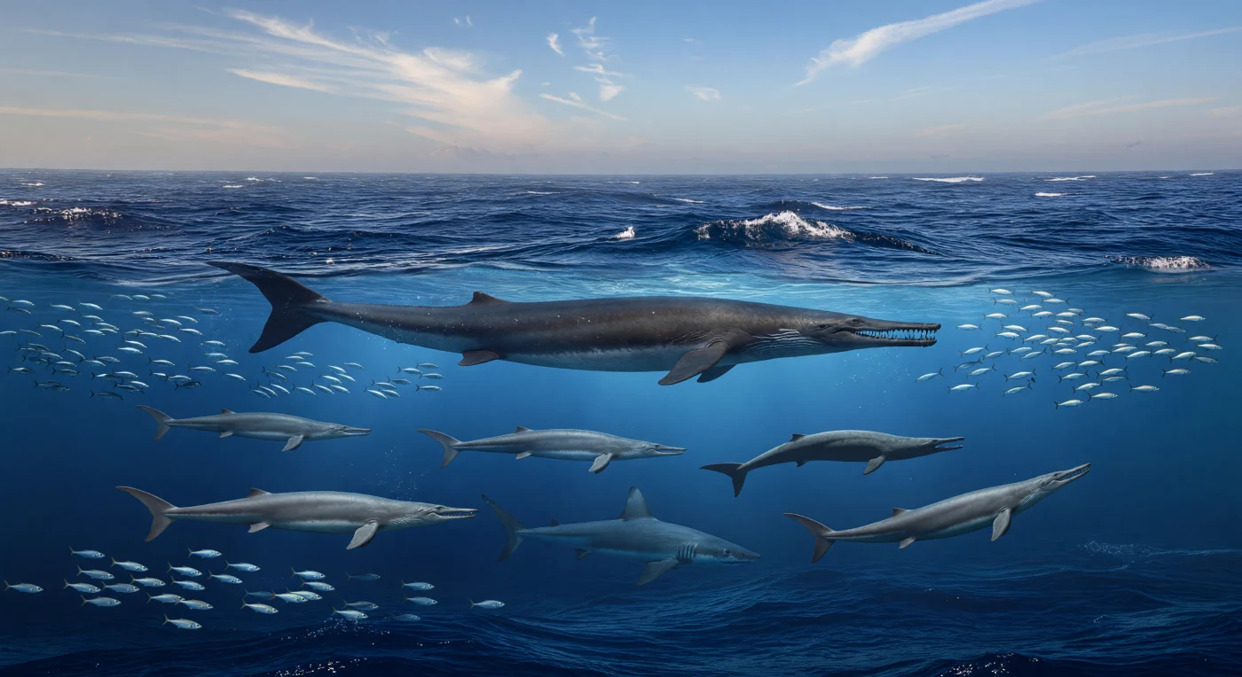 Au large des mers chaudes de l’Éocène supérieur, il y a environ 40 à 34 millions d’années, un gigantesque Basilosaurus isis de 15 à 18 mètres ondule à travers la houle bleu cobalt en poursuivant un groupe de Dorudon atrox, de plus petits cétacés archaïques de 4 à 5 mètres, tandis que des bancs de téléostéens argentés scintillent près de la surface. Sous eux, la silhouette d’un grand requin lamniforme, probablement Otodus obliquus, se devine dans le bleu profond. Cette scène saisit un moment clé de l’histoire des océans du Paléogène, lorsque, après la disparition des grands reptiles marins du Mésozoïque, les requins et les premières baleines devinrent les nouveaux grands prédateurs du large.