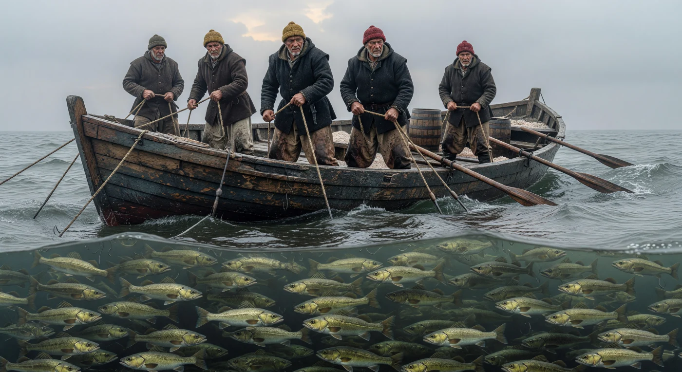 In deze sfeervolle weergave van de 16e-eeuwse visserij trekken Baskische zeelieden hun handlijnen op vanuit een robuuste houten sjaloup, omringd door de mistige en ijzige wateren van de Grand Banks. Terwijl de bemanning in hun zware wollen kleding boven water de elementen trotseert, onthult het split-view perspectief de enorme scholen kabeljauw die destijds de ongerepte Noord-Atlantische Oceaan bevolkten. Deze gedurfde expedities waren essentieel voor de opkomende wereldeconomie en markeerden het begin van een eeuwenlange Europese aanwezigheid in de visrijke wateren nabij de kust van Noord-Amerika.