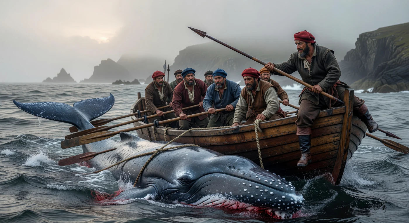 In this scene, a crew of 17th-century Basque whalers maneuvers a wooden *chalupa* through the frigid, turbulent waters of the North Atlantic during a hunt. They are depicted pursuing a North Atlantic right whale, a species central to the period's burgeoning oil industry due to its slow speed and high blubber content. Clad in salt-encrusted wool and leather suited for the rigors of the Little Ice Age, these mariners represent a pivotal era of maritime expertise and the early globalization of European resource extraction.