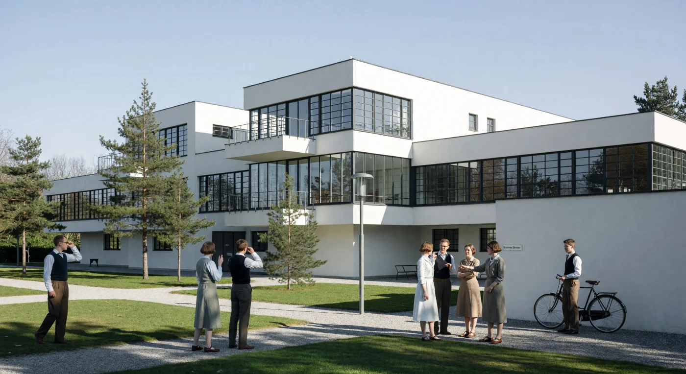 This scene depicts the Masters' Houses in Dessau, Germany, a pinnacle of the Bauhaus movement’s functionalist architecture designed by Walter Gropius circa 1926. The structure’s stark white cubic volumes and industrial glass curtain walls exemplify the "New Objectivity" style, which sought to harmonize artistic design with industrial materials like reinforced concrete and steel. Students and faculty, dressed in progressive "reform" garments and Weimar-style tailoring, embody the avant-garde intellectual spirit of an institution that fundamentally redefined modern living and urban aesthetics in the early 20th century.
