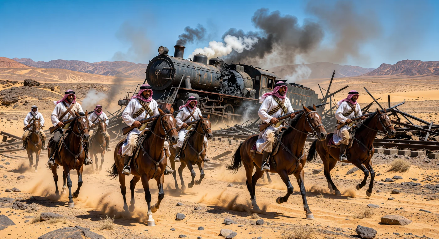 Bedouin insurgents on Arabian horses navigate the volcanic terrain of the Hejaz following the successful sabotage of an Ottoman steam locomotive in 1917. This scene captures a pivotal moment of the Great Arab Revolt, where mobile guerrilla forces utilized British-supplied rifles and explosives to sever the vital rail link between Damascus and Medina. Such raids were instrumental in destabilizing Ottoman logistics and reshaping the political landscape of the Middle East during the First World War.