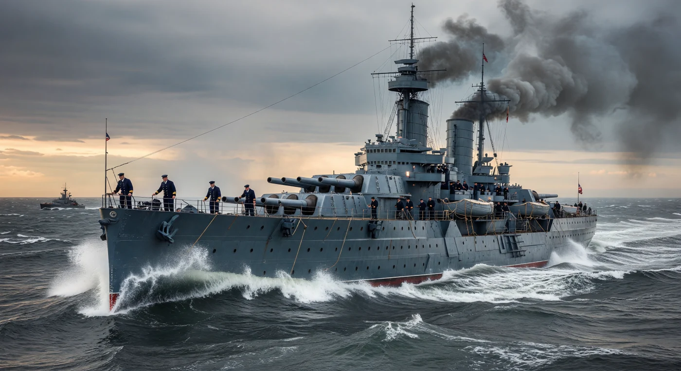 1906年、北海の荒波を21ノットの猛速で突き進む英戦艦「ドレッドノート」の勇姿です。リベット打ちされた灰色の鋼鉄の船体、巨大な煙突からたなびく黒煙、そして革新的な12インチ連装砲塔は、蒸気機関と工業力がもたらした「大艦巨砲時代」の幕開けを象徴しています。三脚マストに張り巡らされた無線アンテナや最新の蒸気タービンを備えたこの艦は、世界の海軍戦術を一変させ、ベル・エポック期における海洋の覇権を決定づける画期的な存在となりました。