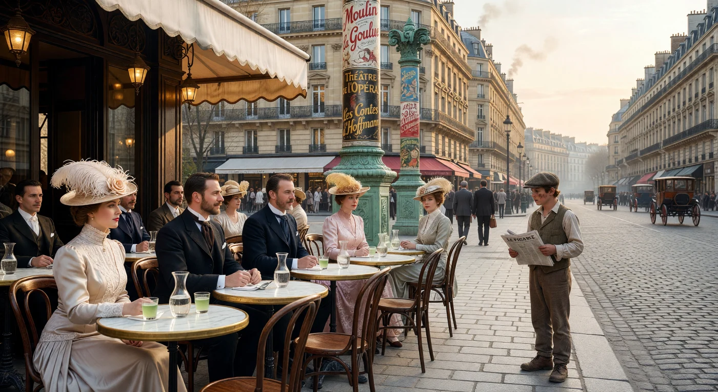 This scene captures the refined social atmosphere of a Parisian boulevard during the height of the Belle Époque, circa 1905. Wealthy patrons, dressed in the era's signature "S-bend" silhouettes and starched high collars, are juxtaposed with a working-class newsboy against a backdrop of iconic Haussmann-style architecture and a green Morris column. Such sidewalk cafés served as vital centers of French public life, illustrating the leisure and stark social contrasts that defined the European urban experience at the turn of the century.