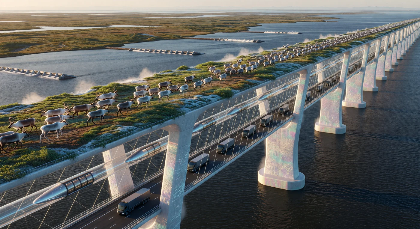 Deze monumentale tensegrity-structuur uit de late 21e eeuw (ca. 2050–2100) fungeert als een technologische reïncarnatie van de prehistorische Beringlandbrug, waarbij een massieve kudde kariboes (*Rangifer tarandus*) over een 200 meter brede corridor van kunstmatige toendrabodem tussen de continenten migreert. Onder dit levende landschap hangt een complex web van koolstofnanobuizen waarin aerodynamische hyperloop-pods en autonome vrachtwagens met magnetische levitatie door buizen van grafeenglas pendelen. Het bouwwerk, vervaardigd uit zelfherstellend bio-beton en voorzien van atmosferische wateroogsters, illustreert de diepe symbiose tussen planetaire engineering en de herstelde natuurlijke ritmes in dit tijdperk van de 'Augmented Dawn'.
