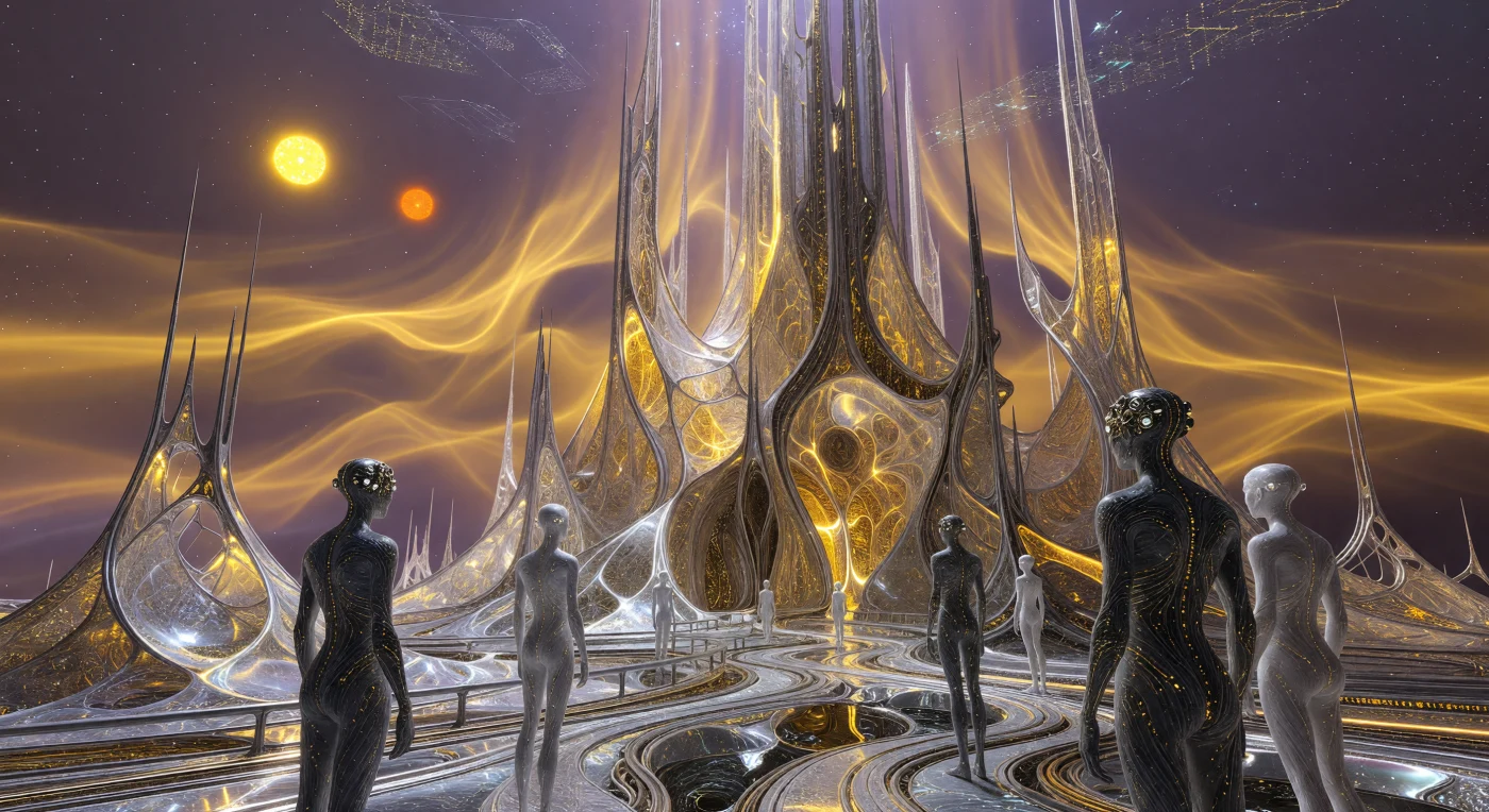 De Void-Cathedral van Alpha Centauri Bb vormt een monumentaal baken van 'bevroren licht' dat ruim vijftien kilometer hoog in de violette exosfeer reikt, pulserend in harmonie met de magnetische velden van de planeet. Gedurende de Interstellaire Dageraad (3000–5000 n.Chr.) markeerde deze architectuur de opkomst van de 'Synergetische' post-humanen, wier gracieuze lichamen van koolstof-nanotubes en multi-lens ogen volledig zijn aangepast aan de intense straling van dit binaire stersysteem. Verankerd op een fundament van moleculair versterkt grafeen en omspoeld door rivieren van vloeibaar koelmetaal, weerspiegelt dit bouwwerk een tijdperk waarin de grens tussen materie, energie en biologie definitief vervaagde.