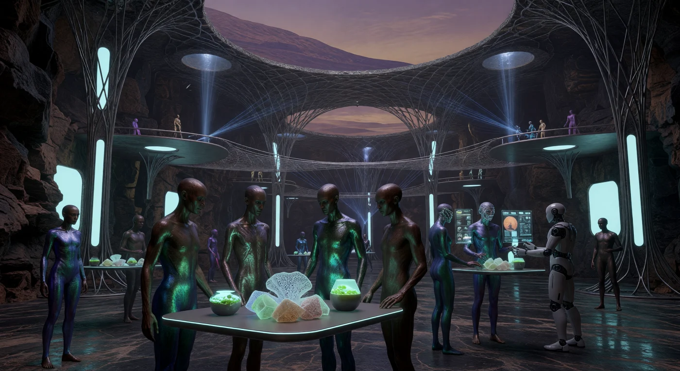 In this subterranean plaza within the Valles Marineris lava tubes, bio-adapted citizens of the late 22nd century gather during a simulated "Circadian-Sync" twilight. These individuals exhibit the physical hallmarks of Martian adaptation, including elongated limbs suited for 0.38g gravity and iridescent, pressure-reactive skin-suits designed for circulatory health. The scene illustrates a highly advanced, self-sustaining society where 3D-printed mycelium proteins and bioluminescent cyan lighting provide the foundation for life within the planet’s basaltic crust. This era, known as The Convergence (2100–2200), represents a pivotal moment in human history where genetic engineering and fusion-based technology allowed for the permanent habitation of the Red Planet.