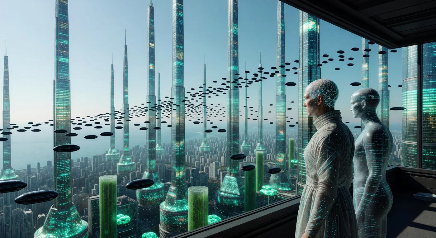 In der Megacity Neo-Tokyo-Seoul des späten 21. Jahrhunderts (ca. 2050–2100 n. Chr.) ragen zweitausend Meter hohe Spieren aus strukturellem Myzel und „lebendem Glas“ in eine durch Geoengineering auf 350 ppm CO2 gereinigte Atmosphäre. Die Szene illustriert die Ära des „Erwachten Morgengrauens“, in der Neural-Symbionten – eine technologisch augmentierte Form des *Homo sapiens* – und rein digitale exo-kortikale Entitäten inmitten einer von Helium-3-Fusionsenergie gespeisten Infrastruktur koexistierten. Zwischen den biolumineszenten Türmen navigieren autonome Magnetschwebekapseln in präzisen, KI-gesteuerten Schwarmmustern, welche die vollständige Integration von biologischem Bewusstsein und maschineller Effizienz in diesem Zeitabschnitt der menschlichen Evolution markieren.