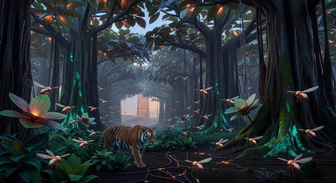 This reconstruction depicts a bio-engineered corridor within the South Asian Federation during the mid-21st century "Threshold" era (c. 2045 CE). A Bengal tiger (*Panthera tigris tigris*), adapted with shorter fur for extreme thermoregulation, prowls beneath a canopy of "Heat-Sink" Banyan trees integrated with copper-sheen photovoltaic cells and moisture-wicking filaments. The ecosystem is sustained by synthetic, hex-winged "Bee-Drones" and bioluminescent algae, reflecting a period where climate-driven molecular engineering was essential to maintain biodiversity amidst 50°C desert temperatures. Artificial moonlight from orbital mirrors illuminates this managed jungle, illustrating the precarious high-energy equilibrium between biological life and advanced technology.