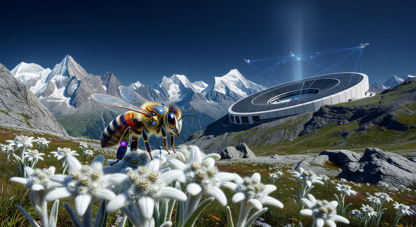 In de Alpen van 2084, tijdens het tijdperk van de 'Augmented Dawn', zweeft een bio-engineered 'Guardian'-honingbij boven een plukje alpenweide-edelweiss (*Leontopodium nivale*). Deze hybride bestuiver, vervaardigd uit organisch chitine en synthetisch grafeen, fungeert als een levende sensor die vitale ecologische data verzendt naar de massieve fusie-reactor in de verte. Dit tafereel illustreert de 'Grote Herwildering', waarbij geavanceerde technologie en een herstelde atmosfeer met een historisch verlaagd CO2-gehalte samenkomen om een technologisch bewaakt evenwicht in de hooggebergtes te bewaren.