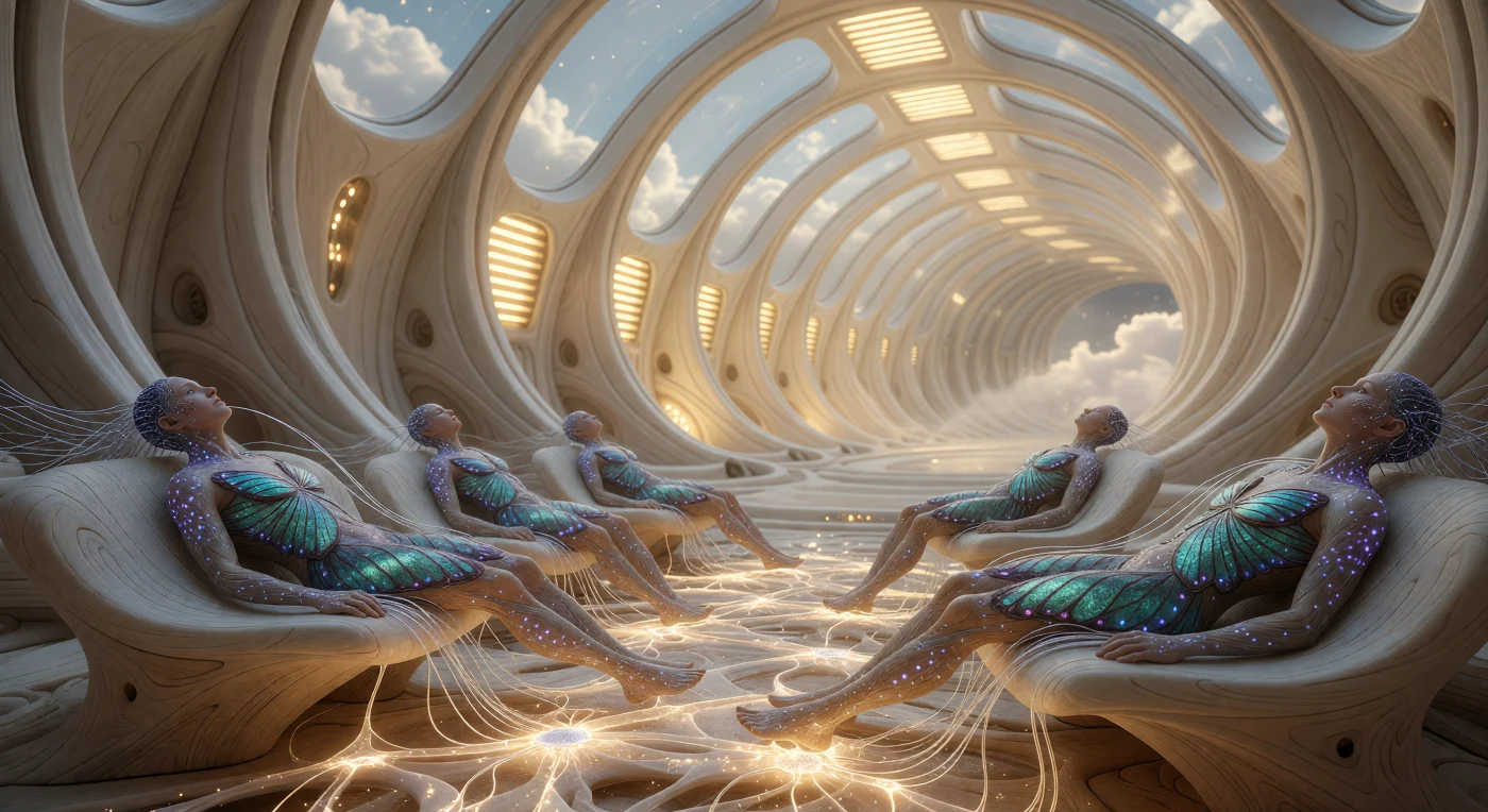 Set during the Horizon era (c. 100,000–1,000,000 CE), this scene depicts Bio-Engineers—a highly modified post-human clade—participating in a "Synesthetic Communion" within the organic interior of a 100-kilometer-long World-Tree station. Their iridescent teal skin and bioluminescent patterns facilitate neural data-signaling, while biological fiber-optic tendrils merge with an amber floor-interface to share sensory experiences across a collective consciousness. This integration of biology and high-level engineering characterizes the Seeder civilization, which utilizes advanced carbon-nanotube structures and bio-photonic networks to cultivate life across the inner rim of the galaxy.