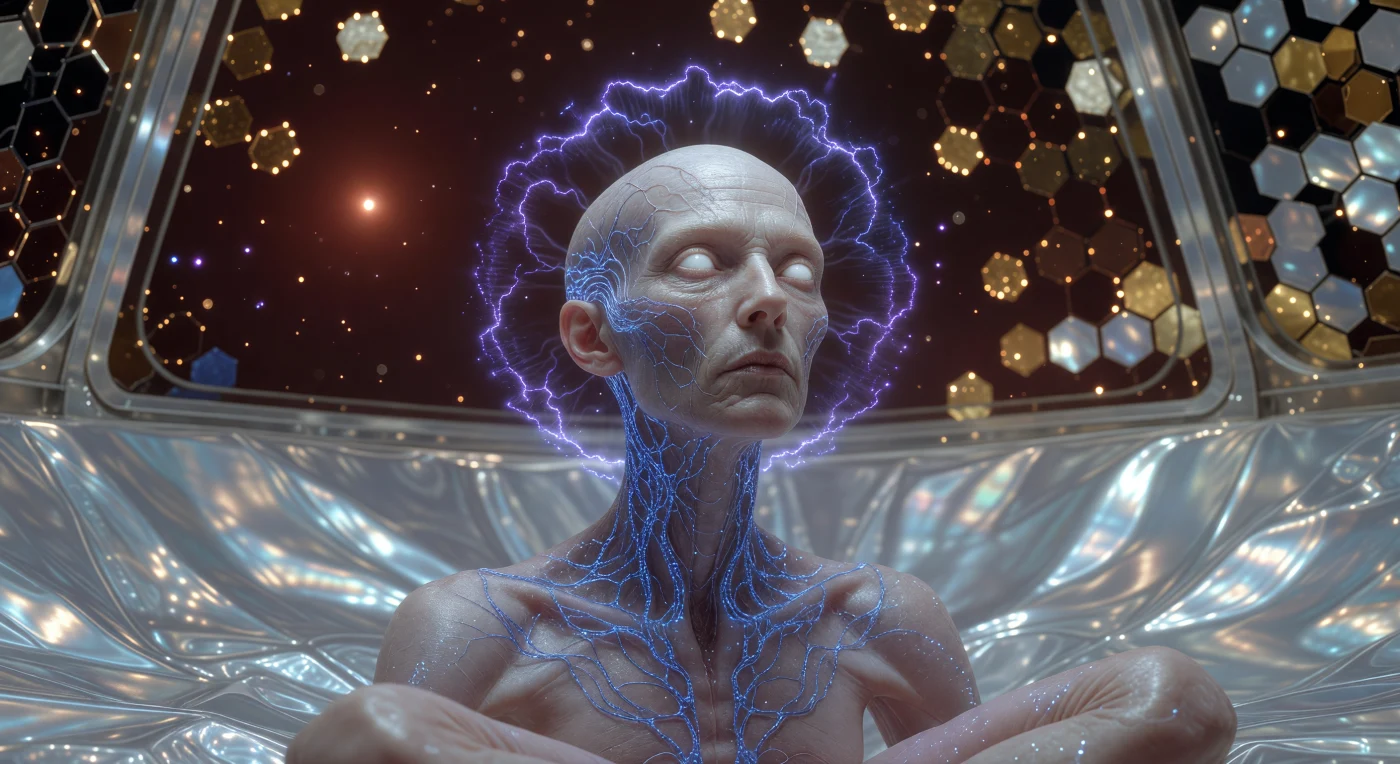 An Initiate of the Cosmic Maturity era (c. 20,000–100,000 CE) undergoes a Noospheric Sync, their translucent skin revealing a pulsing web of sapphire-blue bio-photonic neural threads during a quantum data upload. Floating within a low-gravity synchronization chamber, the subject exhibits the hallmarks of 80,000 years of directed evolution, including an elongated cranium and specialized opalescent eyes designed for high-density data processing. In the background, the amber glow of a Red Dwarf star is harvested by a Dyson-Swarm of hexagonal mirrors, representing a pinnacle of stellar-scale engineering where biological consciousness and galactic technology have become a single, integrated system.