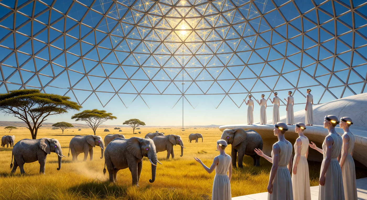 During the 15th millennium of the Galactic Age, the Earth Preserve serves as a living archive of a lost biological era, as seen here in the reconstructed Serengeti Museum. Beneath a monumental diamond-glass stabilization dome, bio-printed African elephants (*Loxodonta africana*) roam a simulated savanna of C4 grasses and acacia trees, their synthetic origin marked only by a faint violet iridescence in their eyes. Post-biological pilgrims, linked via synaptic overlays to the planet’s vast digital history, observe these resurrected megafauna against a sky dominated by the shimmering lattice of the Dyson-Stellar Array. This scene illustrates the sophisticated efforts of a Kardashev II civilization to preserve the ancestral Holocene biome within a solar system transformed into a singular technological megastructure.