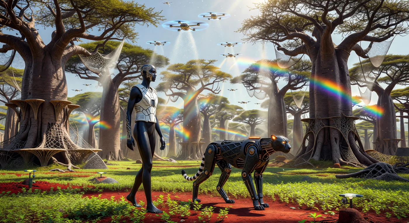 Nesta reconstrução do período "O Limiar" (2025–2050), um Guardião da Grande Muraille Verde — humano geneticamente otimizado para refletir a radiação UV — patrulha o Sahel acompanhado por uma sentinela robótica de precisão hidráulica. A cena exemplifica a engenharia planetária da época, destacando baobás (*Adansonia*) integrados a andaimes fúngicos sintéticos e drones de propulsão iônica que manipulam o ciclo hidrológico local sobre o "Super-Fônio" de crescimento acelerado. Este bioma híbrido representa um marco na história da biosfera, documentando o momento em que a biologia sintética e a geoengenharia foram fundidas para reverter a desertificação e estabilizar o clima do continente africano.