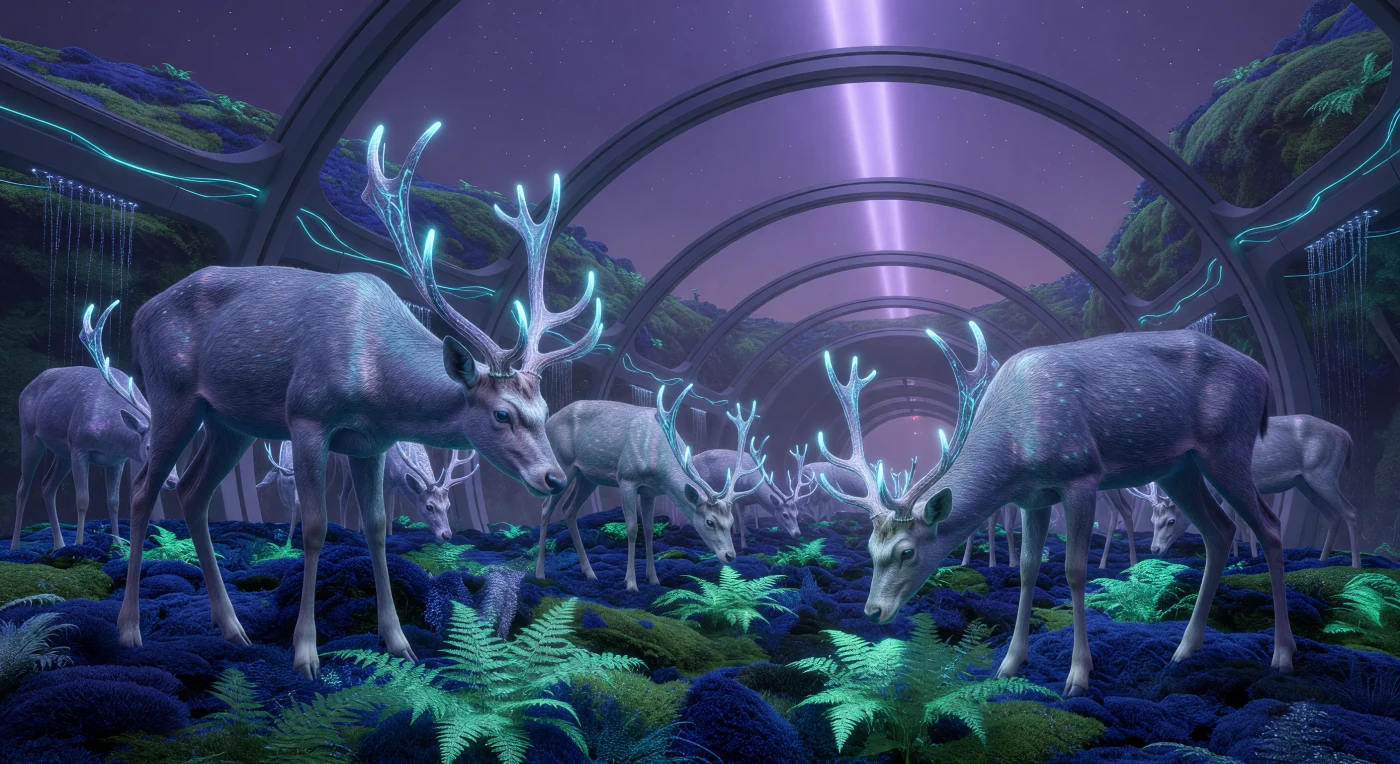 Set within the interior of the "Vinci-4" O’Neill Cylinder during the Great Divergence (c. 2200–2500), this scene depicts a herd of *Cervus lumen*—white-tailed deer genetically engineered for life in the Swarm. These organisms display specialized adaptations for 0.8g centripetal gravity, including elongated, gracile limbs and bioluminescent antlers used to forage among engineered indigo mosses during the habitat’s simulated violet dusk. The visible upward curvature of the landscape highlights the immense scale of these orbital habitats, where artificial ecosystems are sustained by a central plasma filament and integrated atmospheric misting systems.