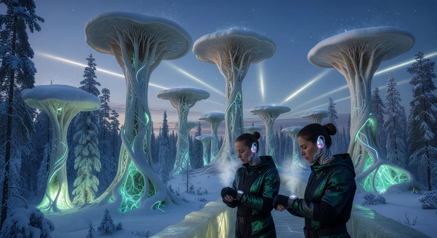 In der subarktischen Dämmerung des Skandinavischen Bogens ragen 150 Meter hohe, elfenbeinfarbene Myzel-Türme empor, deren chitinverstärkte Wände durch eingebettete biolumineszierende Algen in pulsierendem Türkis leuchten. Diese organischen Megastrukturen entstanden während der Ära der „Erweiterten Dämmerung“ (2050–2100), einer Epoche, in der die Menschheit durch biotechnologische Innovationen wie die Helios-4-Photovoltaikhaut und das myzeliale Bauwesen lernte, als symbiotischer Bestandteil des planetaren Ökosystems zu fungieren. Als gigantische, kohlenstoffspeichernde Lungen markieren diese „Pulse“-Habitate den technologischen Übergang von invasiver Architektur hin zu einer lebendigen, atmenden Infrastruktur, die das Überleben in der post-industriellen Kälte sicherte.