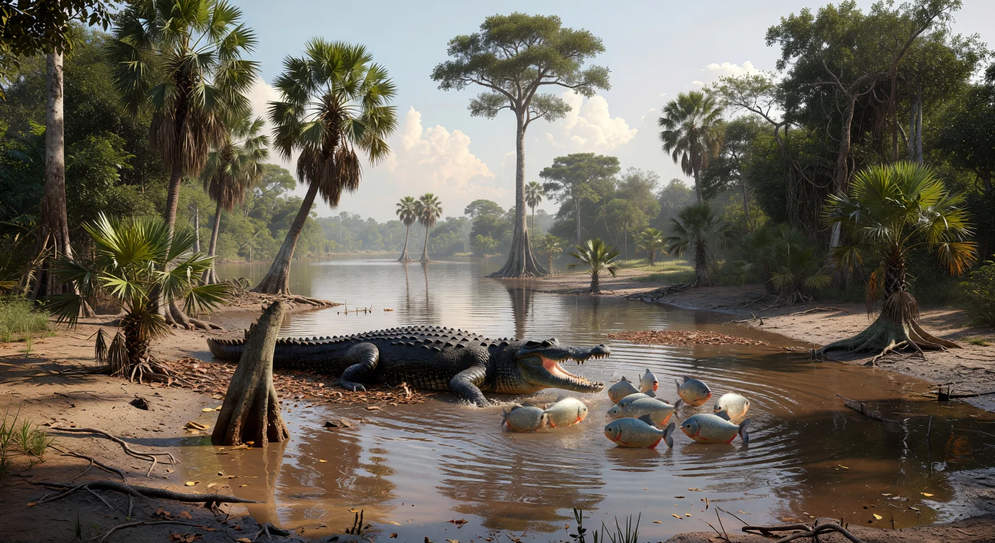 In the humid western Amazon during the Late Pleistocene, perhaps within the last 100,000 years, a black caiman (Melanosuchus niger) explodes from a muddy oxbow lake in an ambush at a school of piranhas (Pygocentrus). Around it rise swampy floodplain forests with moriche palms (Mauritia flexuosa), Brazil nut trees (Bertholletia excelsa), buttressed trunks, and tangled lianas—vegetation types broadly consistent with Amazonian refugial wetlands that persisted through Ice Age climate shifts. The scene captures a familiar ecological drama in an ancient setting: a top freshwater predator hunting in the silty backwaters of a Pleistocene várzea landscape.