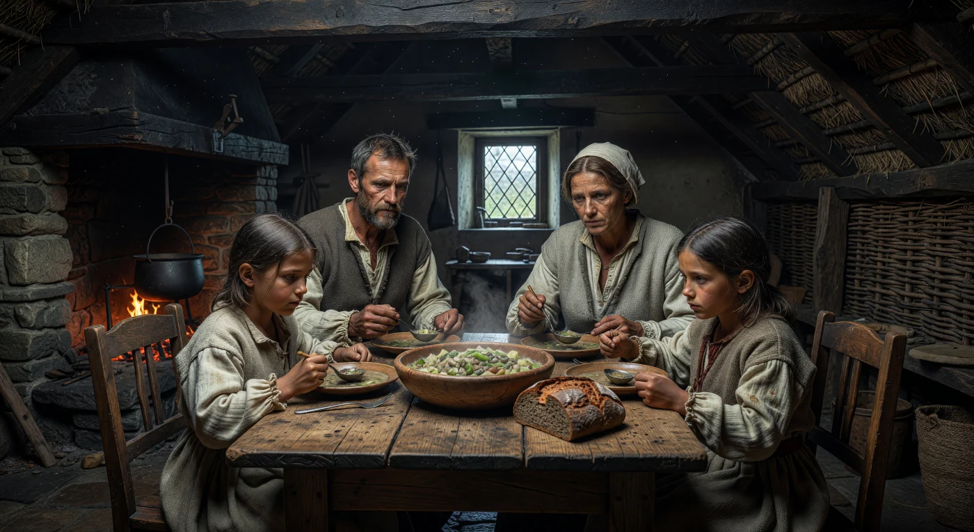 In een schaars verlichte vakwerkboerderij rond 1580 komt een boerengezin samen rond een robuuste eikenhouten tafel voor een eenvoudige maaltijd van dikke groentepotage en donker roggebrood. Gekleed in ruwe, ongeverfde wol en linnen, delen zij een gemeenschappelijke houten kom, een gebruik dat typerend was voor de lagere sociale klassen in het toenmalige Noord-Europa. De diepe schaduwen en hun door zwaar labeur getekende gelaatstrekken vangen de sobere realiteit van het dagelijks leven tijdens de Kleine IJstijd, waarin overleving afhankelijk was van handarbeid en de warmte van de centrale haard.