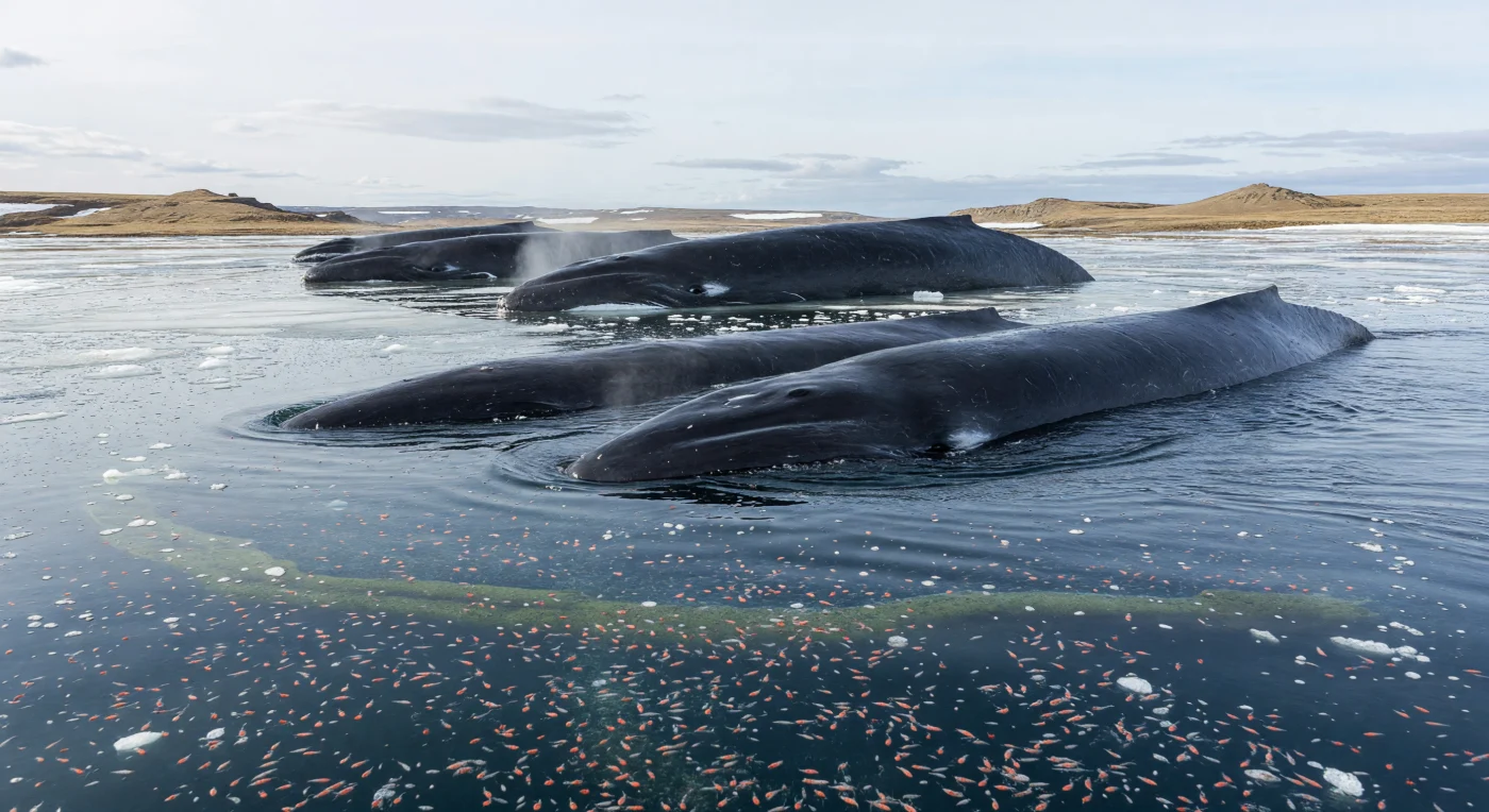 Late Pleistocene Arctic shelf waters, roughly 20,000–50,000 years ago, supported bowhead whales (Balaena mysticetus) much as they do today, skimming dense blooms of zooplankton along the edge of shorefast sea ice. In this scene, several immense bowheads—14 to 18 metres long, black-backed and blow-clouded in the frigid air—surface beside drifting ice while swarms of Calanus copepods and Thysanoessa krill concentrate beneath them in the cold, productive water. The low, treeless periglacial coast beyond places these marine giants at the icy margin of the mammoth steppe world.