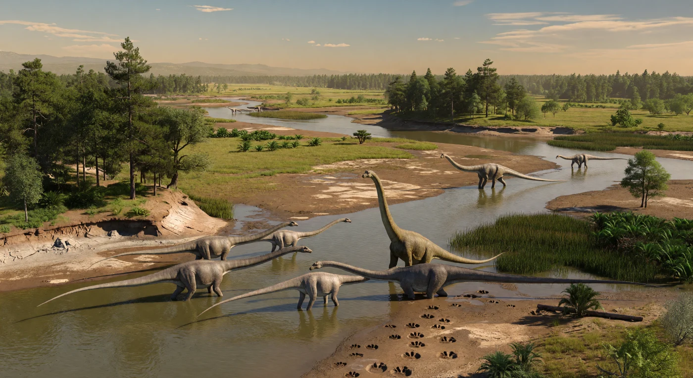 Su una vasta pianura alluvionale della Formazione Morrison, nel Nord America occidentale della Laurasia, un branco di Diplodocus attraversa un fiume lento e torbido mentre un enorme Brachiosaurus, con la testa che svetta fino a circa 12 metri, domina la scena tra conifere, felci ed equiseti. Questo paesaggio risale al Giurassico superiore, circa 155–148 milioni di anni fa, quando pianure fangose, canali serpeggianti e sottili ceneri vulcaniche registravano l’influenza del margine attivo occidentale del continente. Le impronte fresche di sauropodi e dei teropodi tridattili ricordano che questi ecosistemi ospitavano anche predatori come Allosaurus e Ceratosaurus, in un mondo caldo e antico profondamente diverso da quello odierno.
