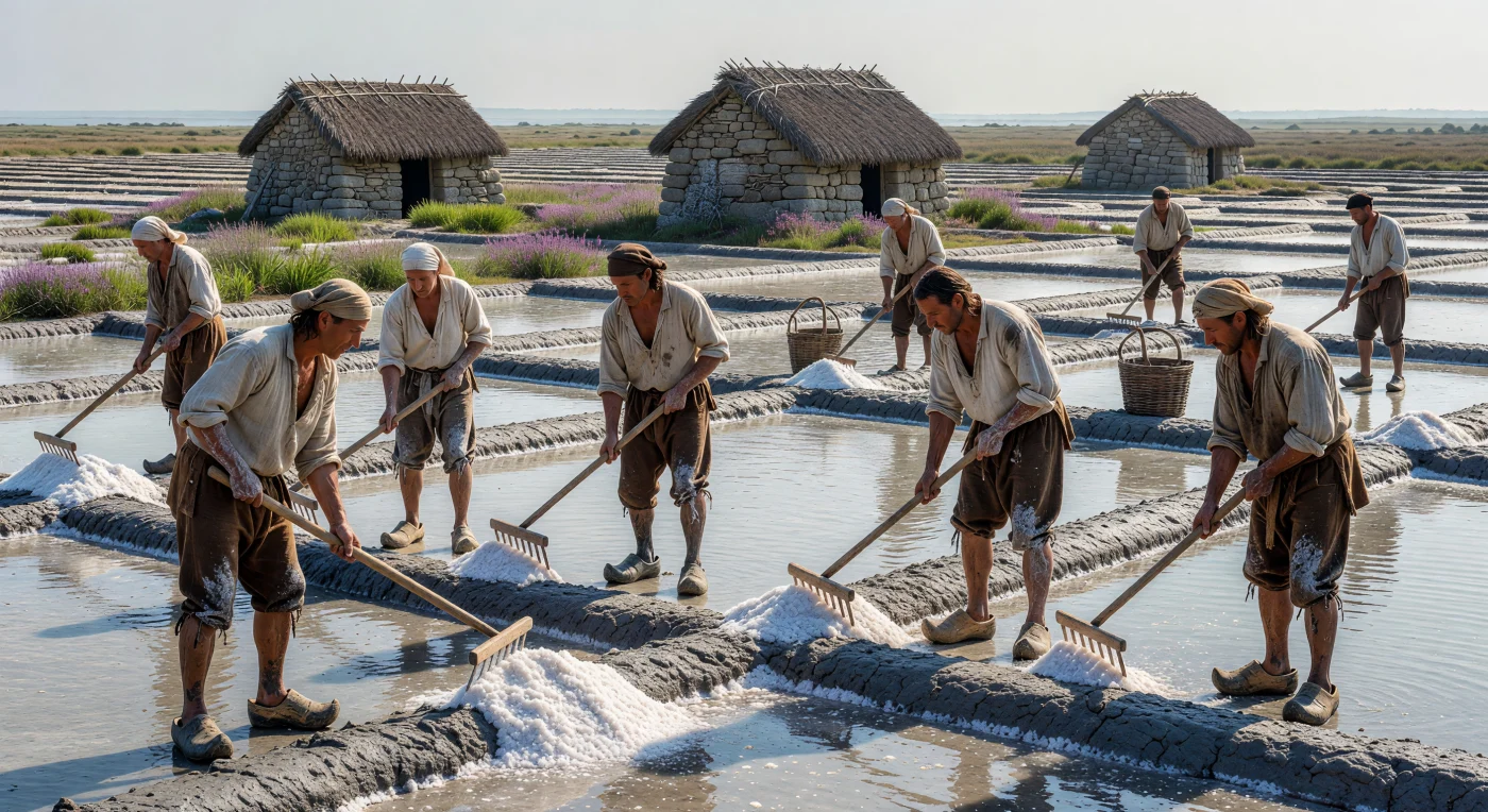 Onder de felle nazomerzon van het 15e-eeuwse Bretagne schrapen boeren in linnen kielen met houten "las"-harken zorgvuldig witte zoutkristallen uit geometrische kleibekkens. Dit arbeidsintensieve proces was essentieel voor de winning van het kostbare "witte goud," dat vervolgens werd opgeslagen in de karakteristieke granieten hutten aan de horizon. De scène vangt een cruciaal middeleeuws ambacht aan de Atlantische kust, waarbij de schittering van het zoute water en de glinsterende hopen zout het zware ritme van het dagelijks leven bepaalden.