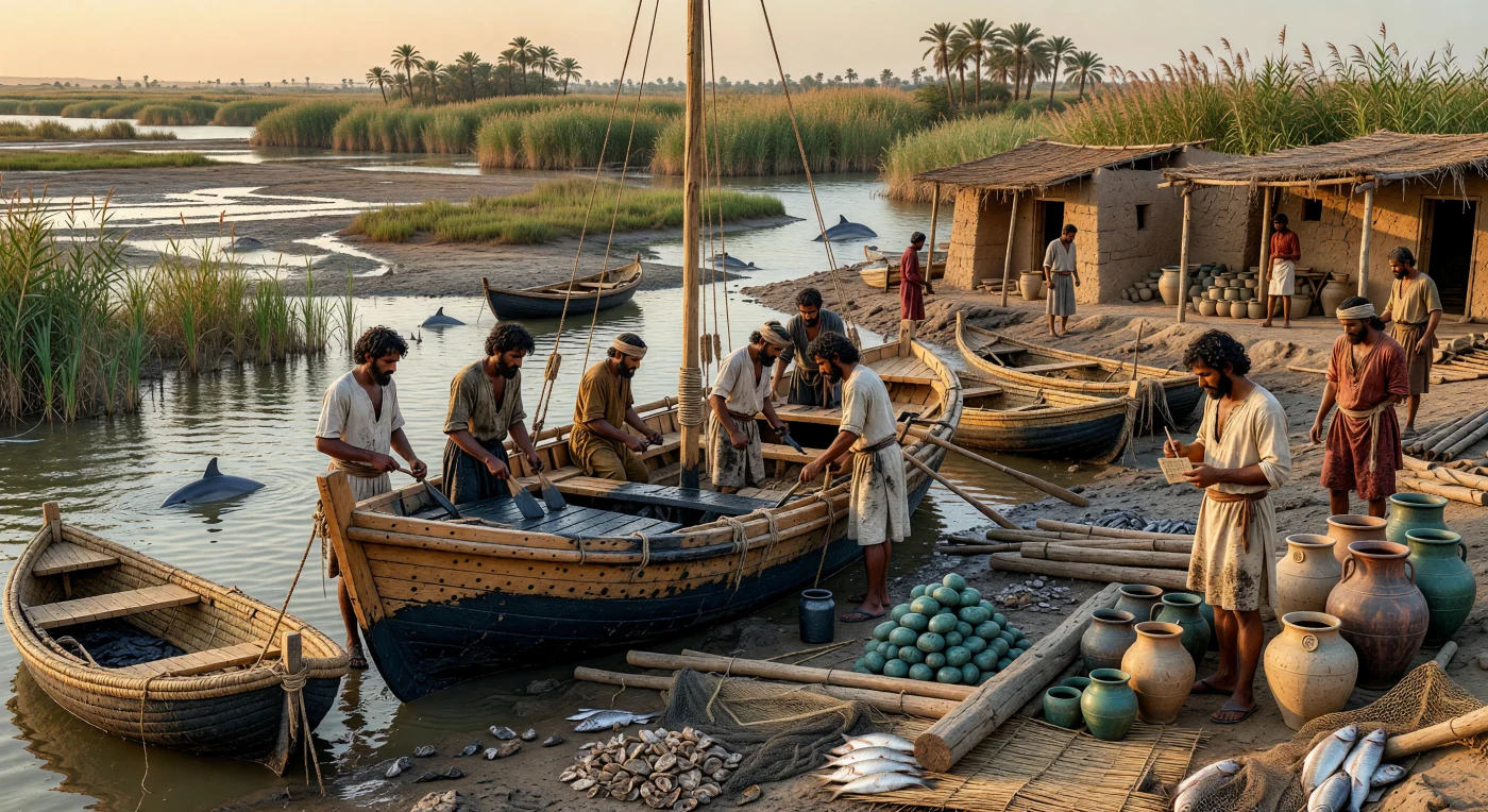 At a marshy quay near the head of the Persian Gulf, Bronze Age sailors prepare a Mesopotamian trading vessel by sealing its sewn wooden planks with black bitumen before loading copper, imported timber, and ceramic jars. Such craft linked southern Mesopotamia with Dilmun and other Gulf ports in the late 3rd millennium BC, carrying the materials that sustained early urban economies. Reed boats, fish, shells, and the humid estuarine landscape evoke the distinctive environment of the southern alluvium, where maritime trade, marsh life, and written administration met.