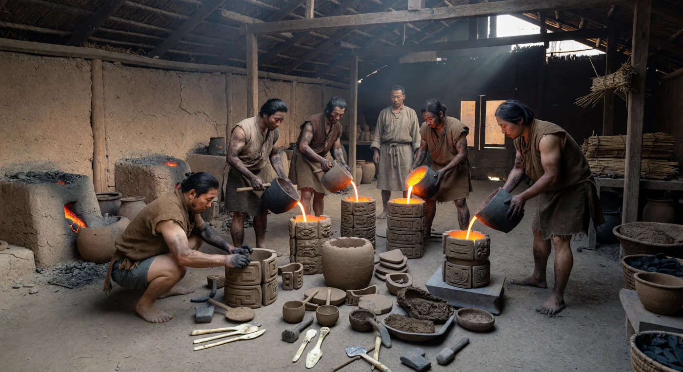 In einer rauchgeschwärzten Gießwerkstatt der Erligang-Zeit bei Zhengzhou gießen Handwerker in kurzen Hanftuniken glühende, bleihaltige Bronze aus Ton­tiegeln in sorgfältig zusammengesetzte Keramikformen um einen Gefäßkern. Auf dem Stampflehmboden liegen gestapelte Formsegmente, Knochenwerkzeuge, Steinpolierer und Holzkohle, während kleine Lehmöfen unter dem schweren Dach aus Holz, Flechtwerk und Lehm orange aufglühen. Solche Werkstätten gehörten zu den frühesten großangelegten Bronzeindustrien Ostasiens: Hier entstand Bronze nicht im Wachsausschmelzverfahren, sondern mit präzisen Stückformen aus gebranntem Ton, oft unter Kontrolle einer städtischen Elite des ummauerten Zentrums von Zhengzhou.