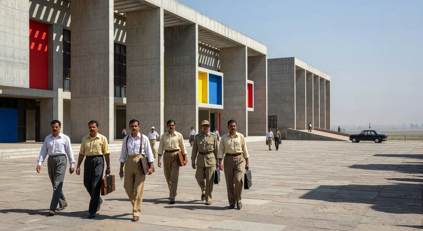 Vor der monumentalen Kulisse des High Court in Chandigarh schreiten indische Regierungsbeamte in klassischen Safari-Anzügen über die weitläufige, von der Mittagssonne erhitzte Plaza. Le Corbusiers avantgardistisches Design aus den späten 1950er Jahren bricht radikal mit kolonialen Architekturtraditionen und nutzt rohen Sichtbeton sowie markante geometrische Sonnenschutzgitter in Primärfarben als Symbole für den Fortschrittsgeist des jungen, unabhängigen Staates. Diese Szene fängt die spannungsvolle Verschmelzung von moderner Architektur und dem administrativen Aufbruch Indiens in der flimmernden Hitze der Punjab-Ebene ein.
