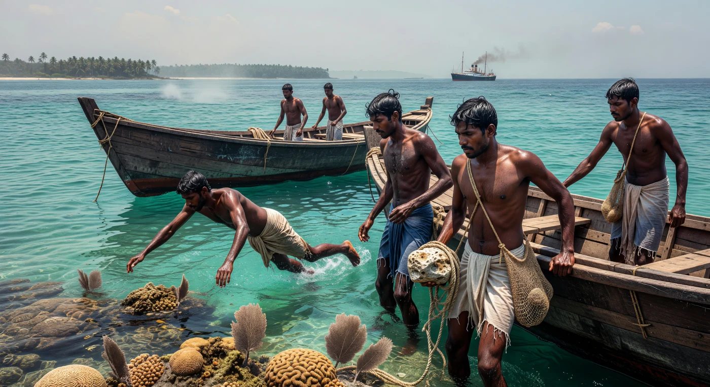 En las aguas turquesas del golfo de Mannar, buceadores tamiles de piel curtida se lanzan desde embarcaciones Masula, cuyos tablones de madera están cosidos artesanalmente con fibra de coco. Equipados únicamente con redes de cáñamo y pesadas piedras de caliza para acelerar su descenso, estos hombres desafiaban las profundidades en busca de valiosas ostras frente a la costa de Ceilán. Hacia 1935, esta extenuante labor manual representaba el ocaso de una industria milenaria de perlas naturales, enmarcada por la presencia de los vapores británicos que dominaban las rutas comerciales del océano Índico durante la era del Raj.