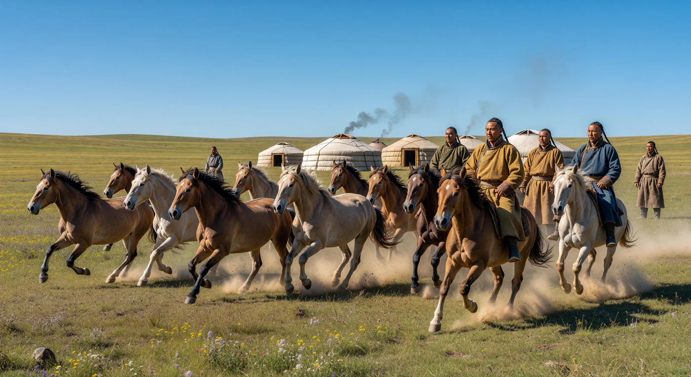Una manada de caballos de Przewalski, robustos y de crines cortas, galopa a través de la inmensa estepa mongola bajo la luz clara de una mañana del siglo XIII. Al fondo, el campamento nómada destaca por sus *gers* de fieltro blanco, donde hombres con peinados tradicionales y túnicas *deel* de lana supervisan el ganado, pilar fundamental de la movilidad del Imperio mongol. Esta estampa captura la esencia de la vida en el Asia Central de la Plena Edad Media, donde la simbiosis entre el jinete y su resistente montura permitió la formación de uno de los imperios más extensos de la historia.