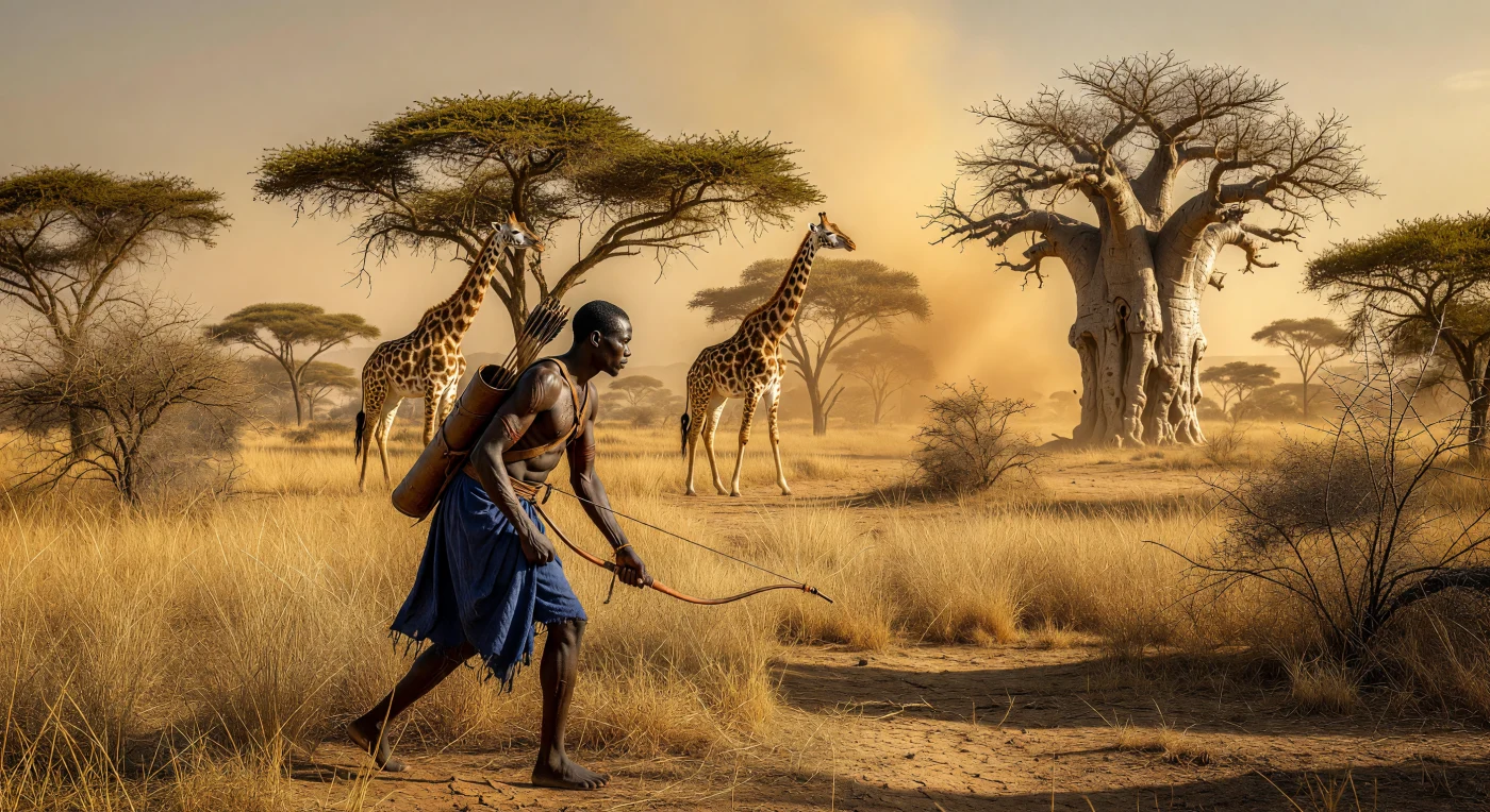 No coração do Império do Mali, no final do século XIV, um caçador Mandinka move-se furtivamente pela savana dourada, armado com um arco de madeira e flechas de ferro forjado. Ao fundo, girafas pastam calmamente junto a um baobá colossal, cuja silhueta imponente domina a paisagem árida e poeirenta do Sahel durante o auge da estação seca. Esta cena ilustra a profunda ligação entre as civilizações da África Ocidental e o seu ecossistema, destacando a sofisticação técnica e a resiliência das sociedades que prosperaram no apogeu das rotas comerciais transarianas.