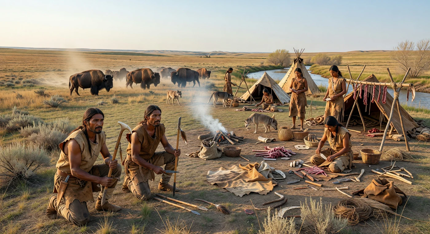Sob um céu vasto das Grandes Planícies, dois caçadores indígenas aproximam-se de bisontes com atlatls e dardos compridos, enquanto ao fundo mulheres e crianças cuidam de um acampamento temporário de peles e ramos junto a grelhas de secagem de carne. Entre 120 e 500 a.C., a norte da Mesoamérica, muitos grupos das pradarias viviam de forma móvel, dependendo da caça sazonal, do processamento cuidadoso das peles e da carne, e de ferramentas feitas apenas de pedra, osso, madeira e fibras. A cena mostra um modo de vida anterior ao cavalo, ao metal e ao arco nas planícies, revelando a profunda adaptação destes povos ao ambiente aberto, ventoso e abundante do interior da América do Norte.