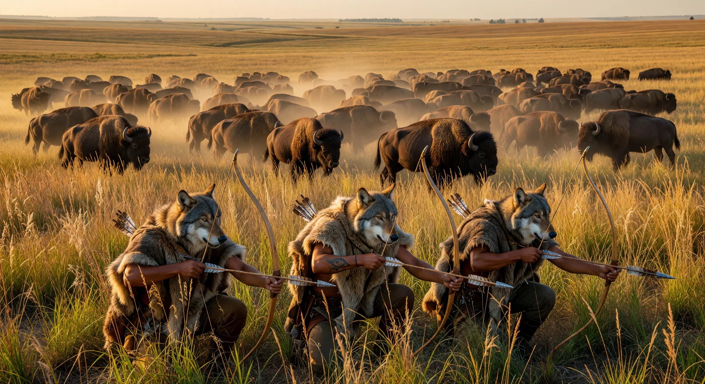 Nel cuore delle grandi pianure del XII secolo, cacciatori mississippiani mimetizzati con pelli di lupo strisciano silenziosi tra l'erba alta, puntando archi in frassino verso un'immensa mandria di bisonti al pascolo durante l'ora d'oro. Questa scena evoca la maestosità incontaminata del Nord America pre-coloniale, dove la sopravvivenza dipendeva da una raffinata conoscenza della fauna e dall'uso di strumenti in pietra e materiali organici. L'assenza di cavalli e metalli riflette fedelmente la realtà storica di un'epoca in cui le civiltà indigene prosperavano in armonia con i vasti ecosistemi del continente.