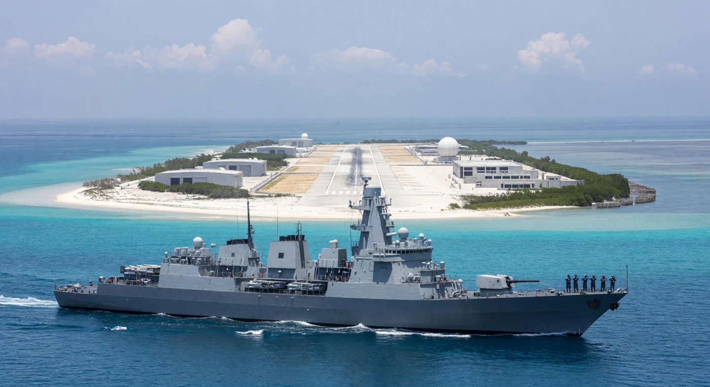 Un cacciatorpediniere lanciamissili cinese Tipo 055 solca le acque turchesi del Mar Cinese Meridionale, passando accanto a un'isola artificiale fortificata con piste d'atterraggio e cupole radar d'avanguardia. Questo imponente vascello incarna la rapida ascesa tecnologica della Marina dell'Esercito Popolare di Liberazione nell'era digitale, riflettendo una strategia di proiezione di potenza che ha trasformato radicalmente il paesaggio marittimo della regione. La scena cattura la complessa realtà geopolitica del XXI secolo, dove l'ingegneria su vasta scala e la supremazia navale high-tech definiscono le nuove frontiere del controllo territoriale in Asia orientale.
