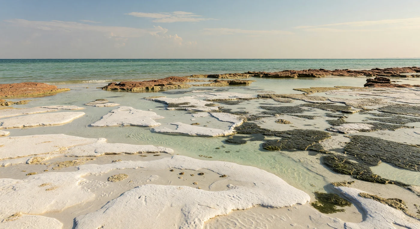 Around 510–520 million years ago, during the Cambrian Period, low tide exposed broad white oolitic sand bars and shallow turquoise channels along a barren tropical coast where land remained completely without plants. Wrinkled black-green microbial mats spread across damp tidal flats, while sparse marine life—tiny trilobites, a few inarticulate brachiopods, and faint burrows—inhabited the warm, shallow waters and muddy surfaces. This scene captures a Cambrian carbonate shoal system, an early marine ecosystem shaped more by microbes and sedimentary processes than by the complex reef and coastal communities that would evolve much later.