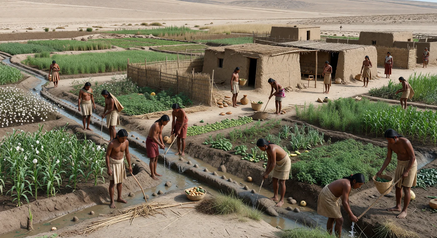 En esta amplia vista de un valle costero del Perú del Período Inicial, agricultores andinos desvían agua de río por canales de tierra hacia parcelas verdes de maíz, calabaza, frijoles y algodón, que contrastan con el desierto beige y las colinas áridas del fondo. Entre campos cercados con cañas y recintos bajos de adobe, hombres y mujeres trabajan con palos de cavar, vasijas de calabaza y cestas tejidas, mostrando cómo la irrigación comunal hizo posible la vida agrícola en una de las costas más secas del mundo. Hacia 120–500 a. C., estas comunidades no conocían el hierro, pero ya dominaban complejos sistemas de manejo del agua, base de la producción, del intercambio regional y del surgimiento de sociedades cada vez más organizadas en los Andes centrales.