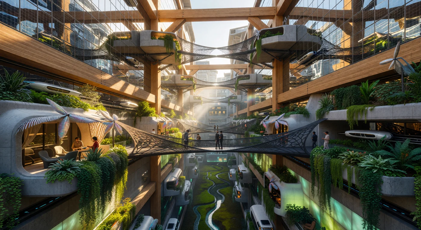 Esta vista mergulha nas profundezas do cânion interno da Linha Neom, uma megaestrutura central do período conhecido como "O Limiar" (2025–2050). A imagem revela uma simbiose radical entre a engenharia e a biologia, onde jardins verticais de *Sansevieria* e hera cascateiam de módulos residenciais impressos em 3D e sustentados por madeira laminada cruzada. Neste ecossistema urbano de 500 metros de altura, a infraestrutura de transporte maglev e pontes de fibra de carbono exemplificam a transição da humanidade para uma arquitetura sintética e resiliente durante o "Grande Ajuste" climático.