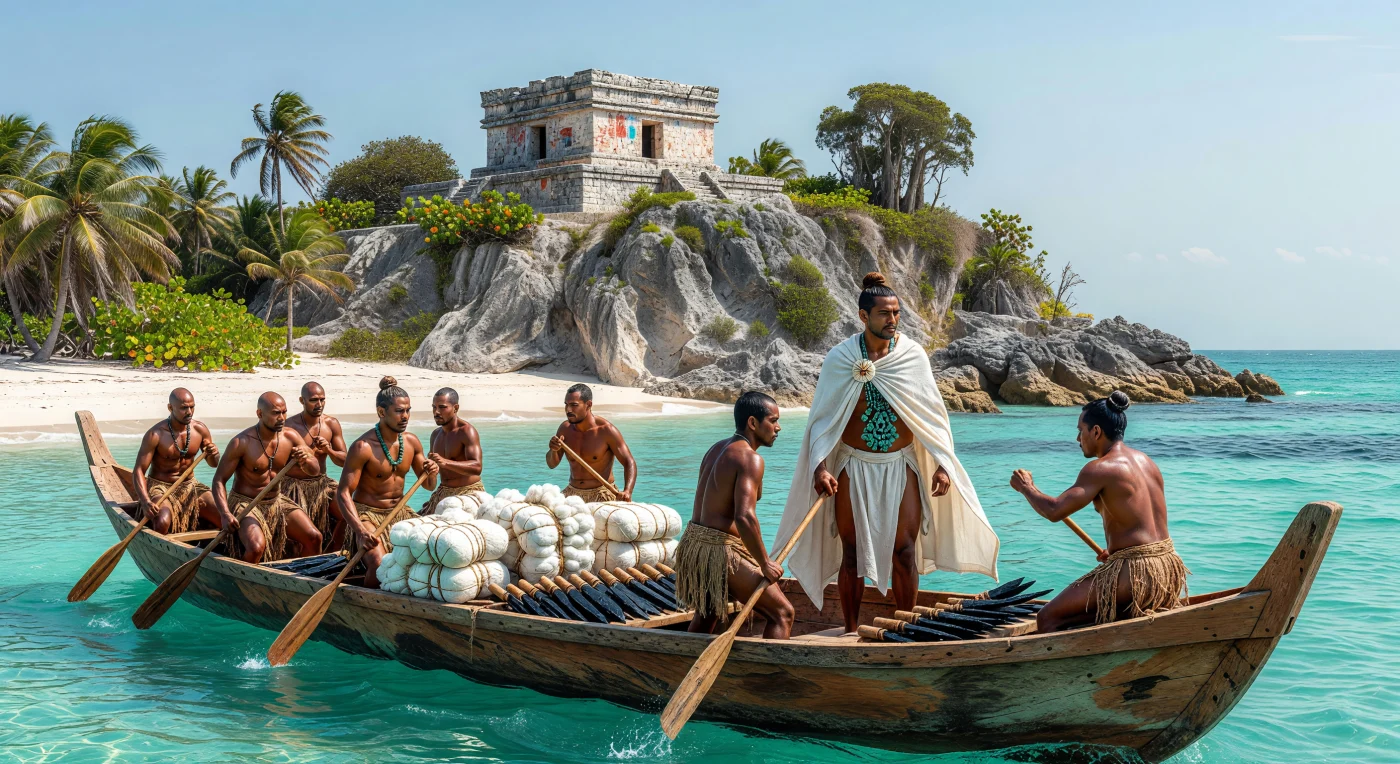 Una majestuosa canoa de cedro de quince metros surca las aguas turquesas del Caribe frente a los acantilados de Tulum, transportando valiosos fardos de algodón y relucientes cuchillas de obsidiana. Durante el periodo Posclásico mesoamericano, hacia el 1250 d.C., estas expediciones marítimas eran el motor de una vasta red comercial que conectaba diversos señoríos mayas mediante expertos navegantes de élite. Al fondo, el templo de "El Castillo" se alza sobre la costa, representando el poderío arquitectónico y la importancia estratégica de la ciudad de Zamá como puerto vital para el intercambio cultural y económico de la región.