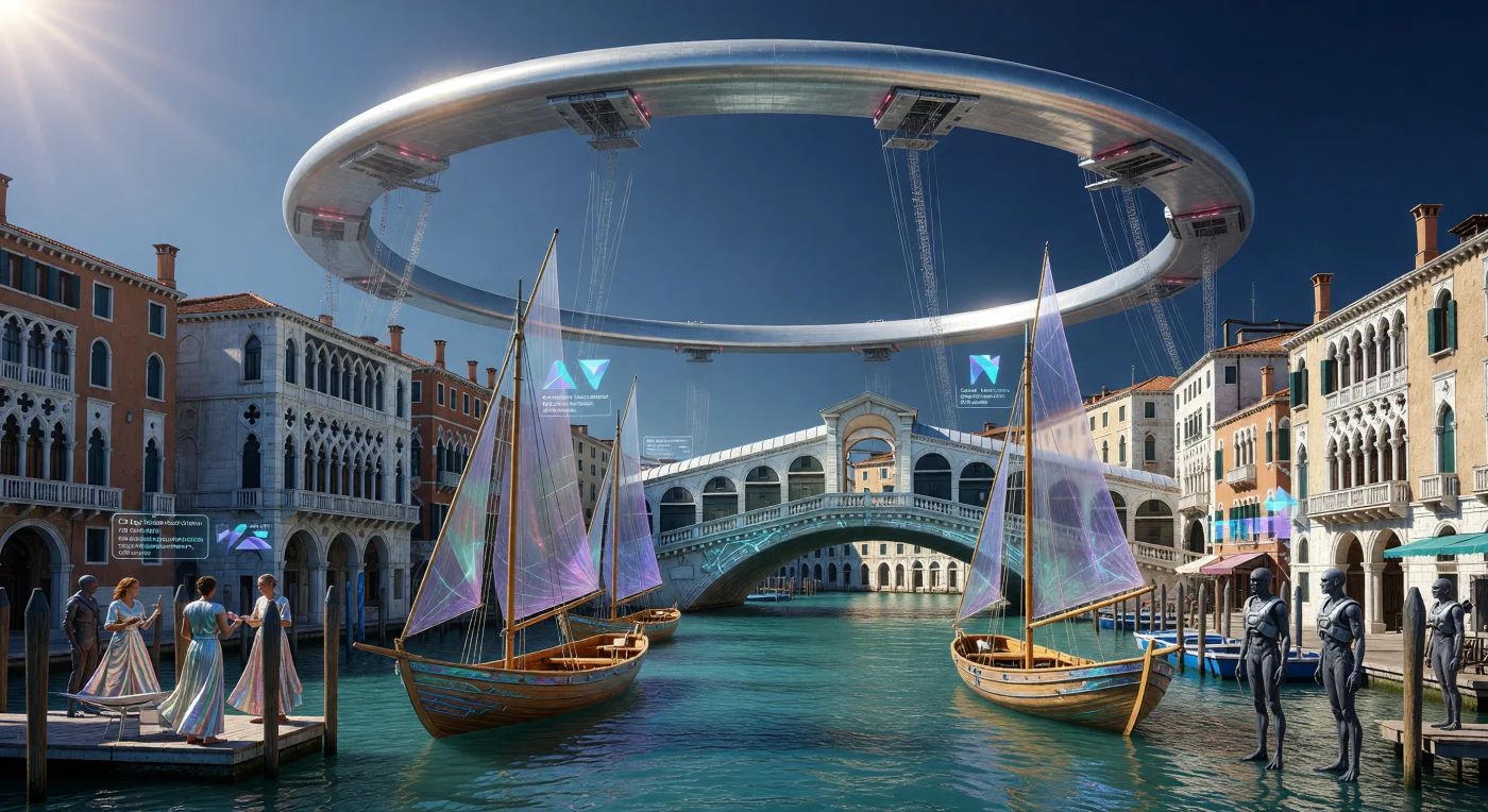 En esta recreación de la Venecia del Alba Interestelar (3000-5000 d.C.), naves de cedro bioingenierizado con aparejos de velas solares navegan por canales de aguas prístinas bajo el imponente arco de un anillo orbital. La escena ilustra la convergencia en el "Santuario Tierra" entre humanos basales y turistas *Litho-sapiens* (adaptados al vacío), seres de piel plomiza y anatomía especializada para el espacio que regresan a visitar la cuna ancestral de la especie. Tras la inestabilidad del Antropoceno, la restauración molecular ha permitido preservar la arquitectura del Holoceno tardío, integrando la herencia biológica con las megaestructuras de una civilización de Tipo 1.9 que ha transformado el Sistema Sol en un nodo de energía y datos a escala estelar.