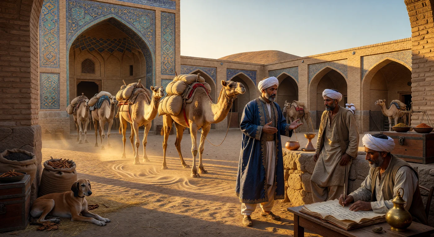Una caravana de dromedarios cargados con sacos de pimienta y canela cruza el imponente arco de un caravasar timúrida, cuyas fachadas de ladrillo ocre lucen intrincados mosaicos de azulejos turquesa y cobalto. Bajo la luz dorada del atardecer, un próspero mercader persa ataviado con sedas finas negocia los aranceles, mientras un escriba registra la valiosa carga que fluye a través del corazón del mundo islámico. Estas estructuras fortificadas fueron nodos vitales de la Ruta de la Seda durante el siglo XIV, funcionando como centros de intercambio cultural y refugios seguros para los comerciantes que conectaban los mercados de Oriente y Occidente.