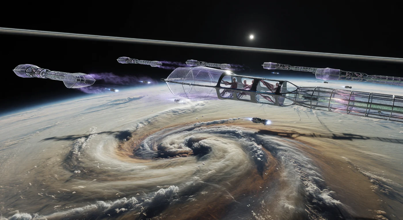Massive, kilometer-long Skimmers constructed from iridescent carbon-nanotube meshes descend into the turbulent ammonia cloud layers of Saturn’s upper atmosphere to harvest fuel. Set during the Solar Expansion era (c. 2500–3000 CE), this scene illustrates the Cronian Hegemony’s industrial efforts to siphon Deuterium and Helium-3 for stellar-core reactors using advanced electromagnetic induction. The operation is overseen by "Aero" pilots—post-human clades genetically adapted for low-gravity environments—while small fusion-tugs navigate the high-contrast void between the gargantuan harvesters and the planet’s razor-thin rings. This Type 1.2 Kardashev-scale energy harvesting represents a pivotal moment in human history, where planetary atmospheres were first utilized as vast, renewable reservoirs for interstellar expansion.