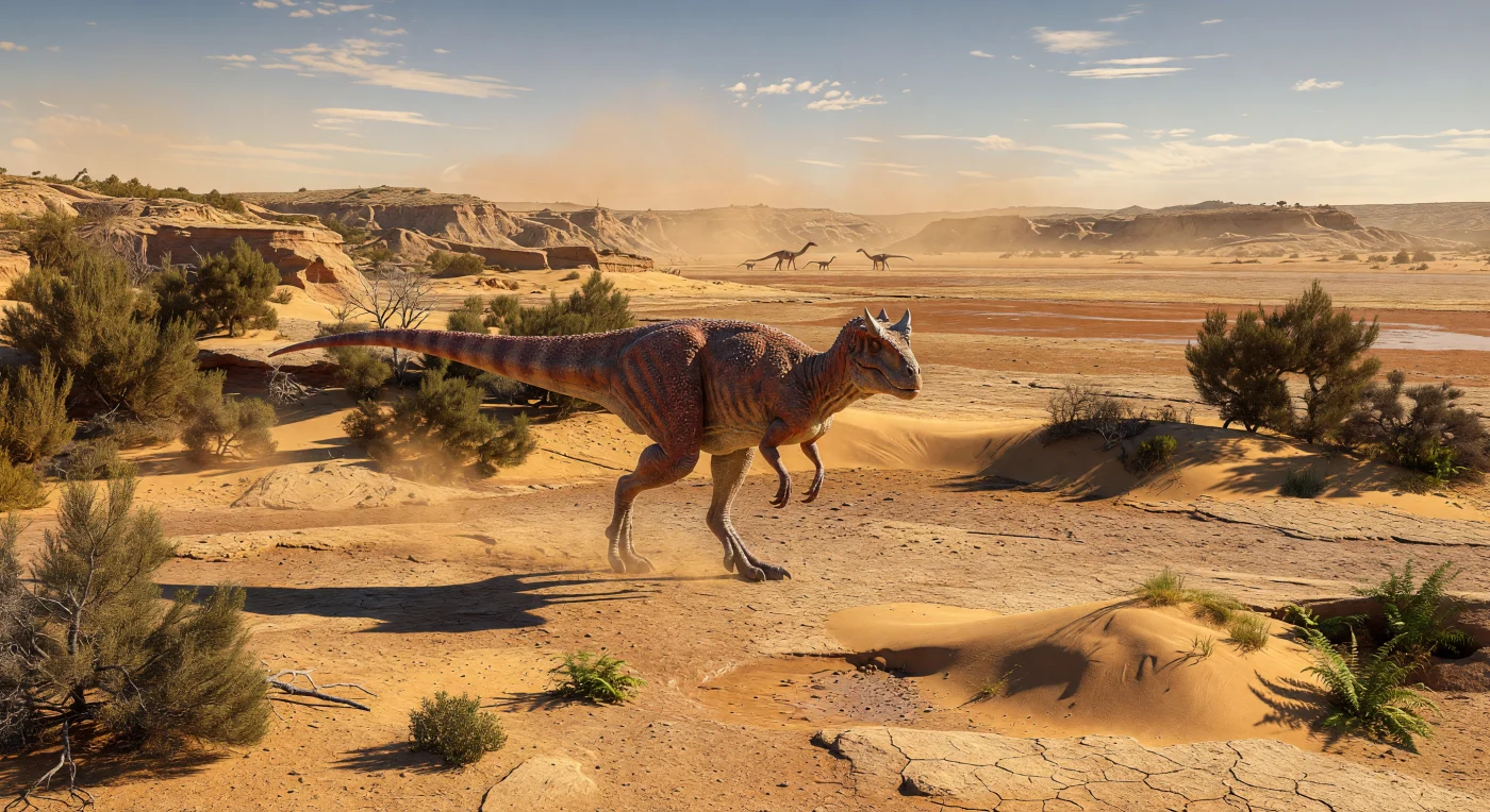 Sur une vasière craquelée au bord de dunes de la formation de Neuquén, un Carnotaurus sastrei adulte d’environ 8 m avance dans la lumière dorée du soir, ses cornes frontales, sa poitrine profonde et ses minuscules membres antérieurs se détachant au-dessus des sables soufflés et d’un maigre couvert de conifères cheirolepidiacés. Cette scène se situe au Maastrichtien, il y a environ 72 à 69 millions d’années, dans la Patagonie de l’Argentine, alors partie du Gondwana austral, où les abélisauridés prédateurs partageaient des plaines semi-arides avec des titanosaurs au long cou. La peau écailleuse et bosselée du Carnotaurus, connue par des empreintes fossiles, rappelle qu’à la toute fin du Crétacé, ces chasseurs spécialisés dominaient encore les paysages secs du sud avant l’extinction qui allait bientôt clore l’ère des dinosaures.