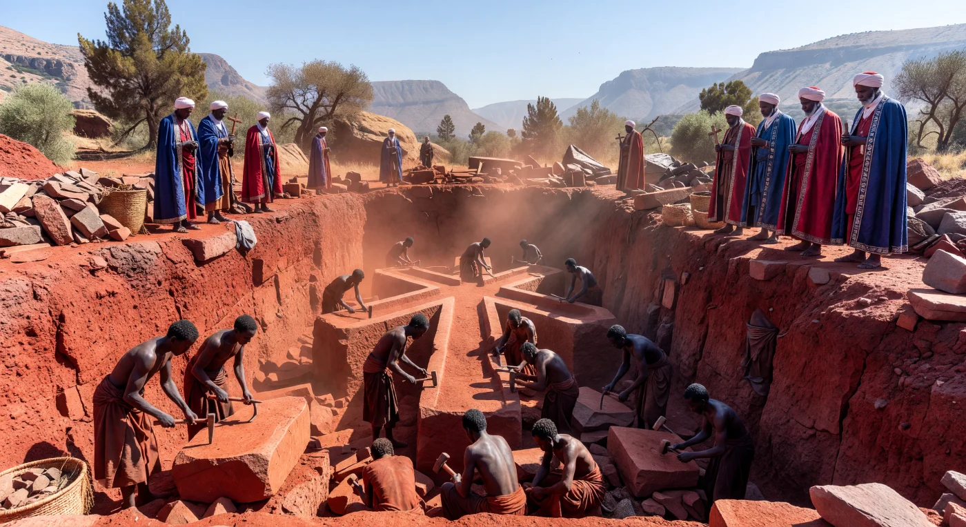 During the early 13th century, the Zagwe Dynasty commissioned the monumental task of carving eleven monolithic churches directly into the volcanic tuff of the Ethiopian highlands. This scene depicts stonemasons meticulously excavating the iconic cruciform Bete Giyorgis (Church of Saint George) from the bedrock using hand-forged iron picks and chisels. High-ranking priests, adorned in embroidered silk robes imported via Red Sea trade routes, oversee the sacred labor, illustrating the sophisticated engineering and deep Orthodox Christian devotion that defined medieval Ethiopia.