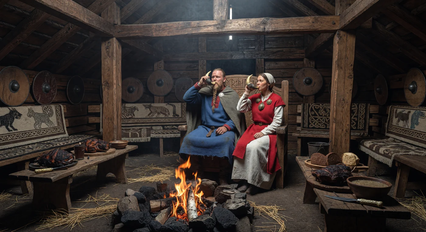 Bajo las vigas de roble ennegrecidas por el humo de una casa comunal del siglo IX, un caudillo nórdico y su esposa presiden un banquete ceremonial junto a un fogón central de piedra. Sus vestiduras de lana, adornadas con seda importada de Bizancio y broches de bronce finamente labrados, evidencian tanto su estatus social como el vasto alcance de las redes comerciales vikingas. Beber de cuernos pulidos en el "asiento de honor" era un acto cargado de simbolismo, esencial para fortalecer los lazos de lealtad y hospitalidad que sostenían a la sociedad escandinava del Medievo temprano.