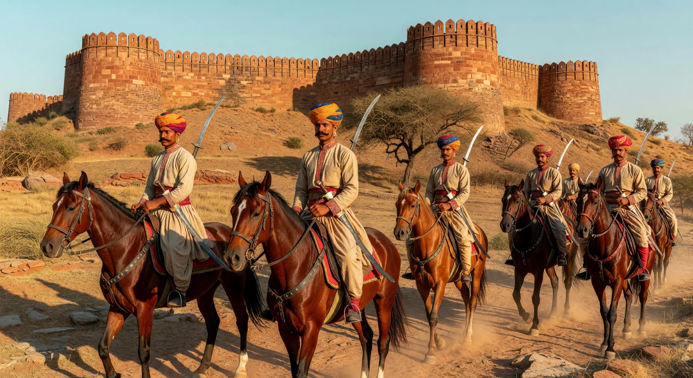 Une troupe de cavaliers rajputs, parée de turbans éclatants et de sabres *talwar* en acier de Wootz, patrouille au pied d'une imposante forteresse en grès rouge nichée dans les monts Aravalli. Montés sur de fiers chevaux Marwari aux oreilles incurvées, ces guerriers de la caste des Kshatriya incarnent la puissance martiale et le code d'honneur des clans du nord de l'Inde au XIIe siècle. Cette scène illustre l'apogée de l'architecture militaire médiévale sud-asiatique, où des citadelles stratégiques servaient de bastions pour protéger les royaumes régionaux.
