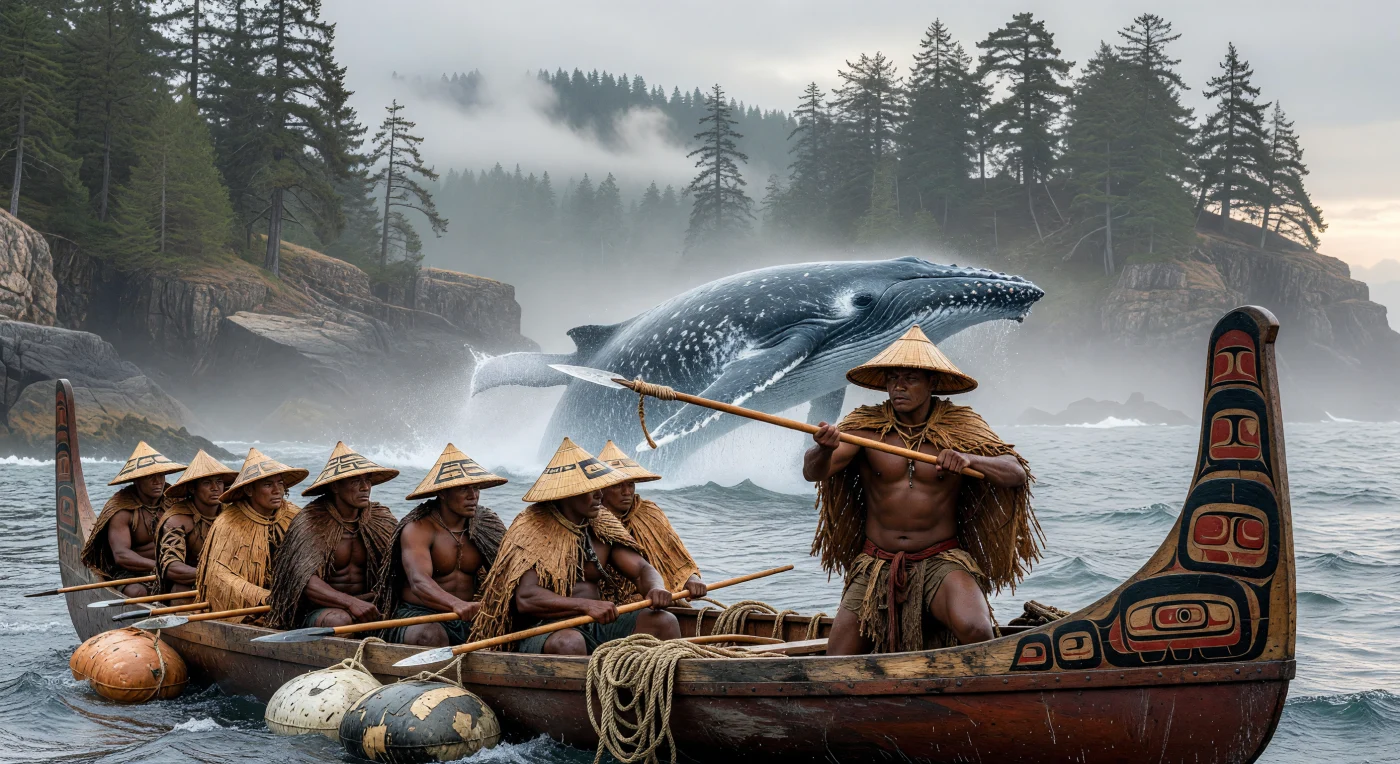 En las brumosas aguas del siglo XV frente a la isla de Vancouver, cazadores Nuu-chah-nulth tripulan una majestuosa canoa de cedro rojo para interceptar a una ballena gris en pleno ascenso. Equipados con sombreros tejidos y arpones de punta de concha, estos expertos marinos demuestran la sofisticada tecnología y el valor necesarios para sustentar a sus complejas sociedades costeras mediante la caza mayor. La escena captura un momento de alta tensión donde el conocimiento ancestral y el entorno indómito del Pacífico se encuentran en un equilibrio vital antes del contacto europeo.