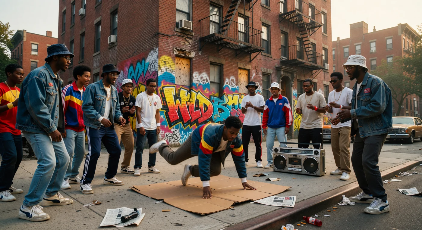 Sob a luz dourada de um entardecer de 1982, jovens afro-americanos e latinos celebram a efervescência cultural do South Bronx, com um dançarino executando movimentos sobre papelão diante de muros cobertos por grafites vibrantes. Trajando jaquetas de denim e agasalhos de poliéster, o grupo personifica a estética urbana da época, embalado pelas batidas potentes de um rádio boombox. Este momento captura o nascimento da cultura Hip-Hop, um movimento de inovação e resistência que transformou as calçadas de Nova York em um epicentro global de expressão artística e identidade comunitária.