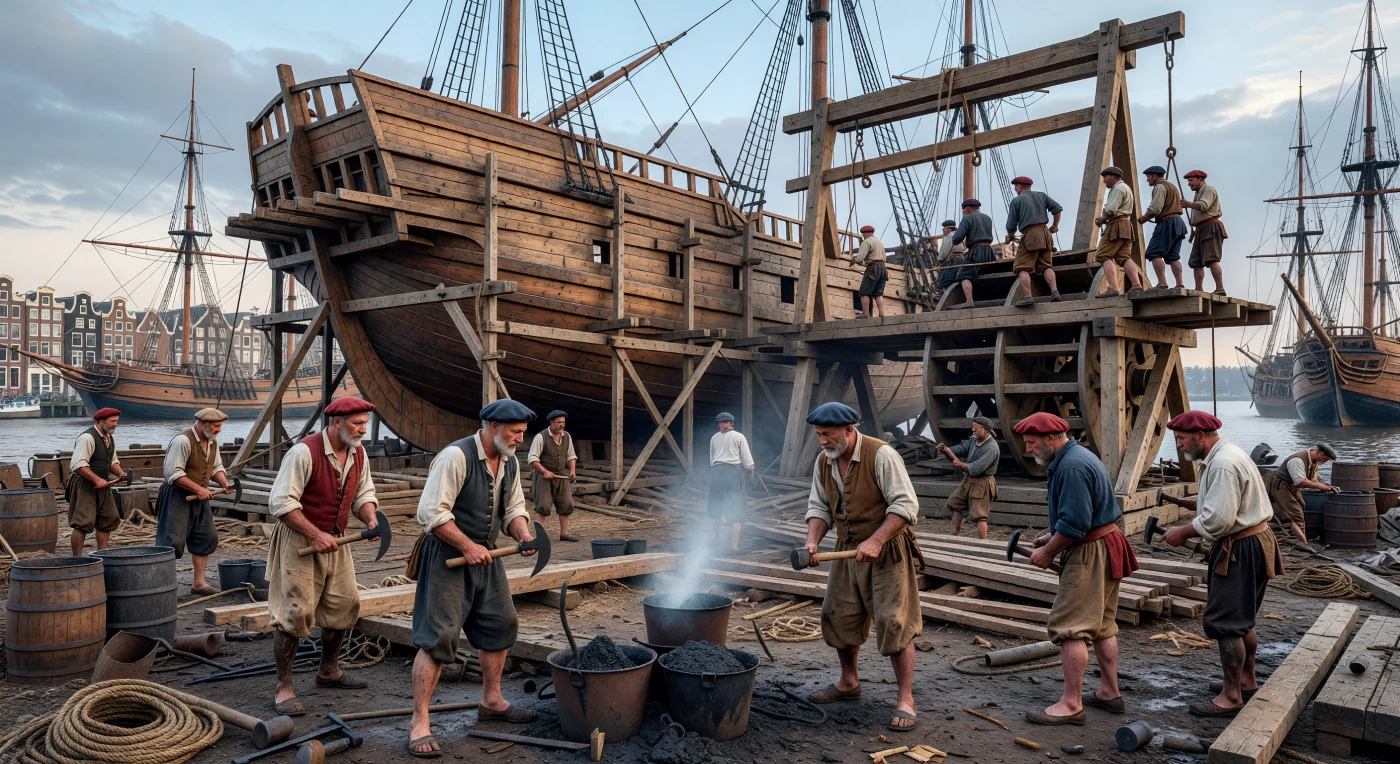 Sur les rives de l’IJ à Amsterdam vers 1620, des charpentiers de marine s’affairent à la construction d’une flûte hollandaise, utilisant une imposante grue à roue de bois pour fixer des membrures de chêne massif. Ce navire révolutionnaire, pilier de l’Âge d’or néerlandais, se distingue par sa coque bombée en forme de poire et son pont étroit, une conception ingénieuse visant à maximiser le transport de marchandises tout en minimisant les taxes portuaires. Entre les chaudrons de goudron fumants et les copeaux de bois, ces artisans façonnent à l'herminette les vaisseaux qui transformeront alors les océans en véritables autoroutes commerciales mondiales.