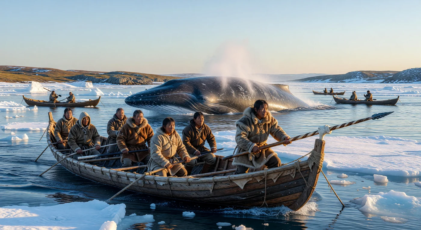 Vers le XIIIe siècle, dans les eaux glacées de l'Arctique canadien, des chasseurs thuléens — ancêtres des Inuits — s'approchent d'une baleine boréale à bord d'un *umiak*, une embarcation robuste faite de peaux de morse tendues sur une armature en bois de grève. Armés de harpons à tête basculante sculptés dans l'ivoire et le chert, ces navigateurs d'élite coordonnent leurs efforts pour assurer la subsistance de leur communauté face à un environnement extrême. Cette scène illustre la maîtrise technologique et la bravoure de ce peuple migrateur, dont l'économie maritime sophistiquée a permis l'expansion à travers le Grand Nord, du détroit de Béring jusqu'au Groenland.